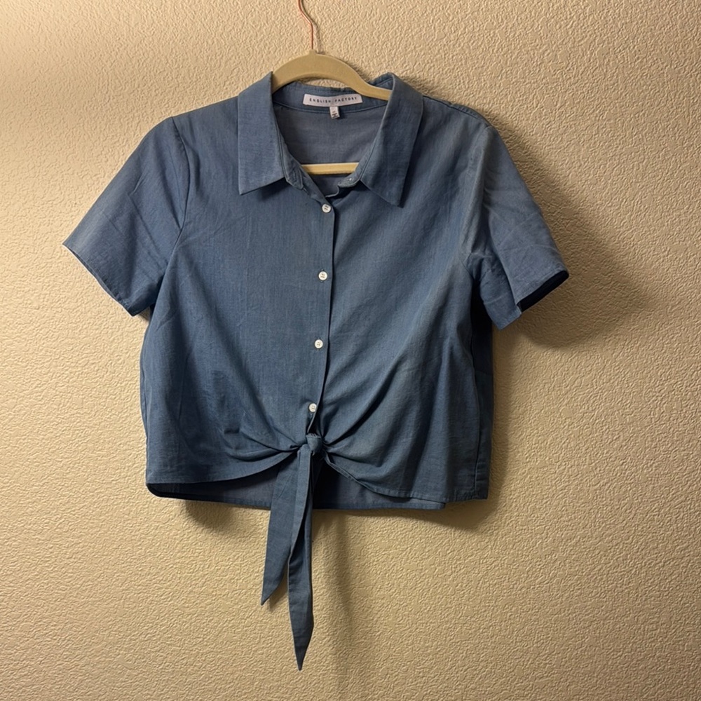 English Factory Blue Button-Up Tie Front Top
